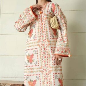Floral Hand-Embroidered Long Kurta – Peach & Cream Ethnic Elegance