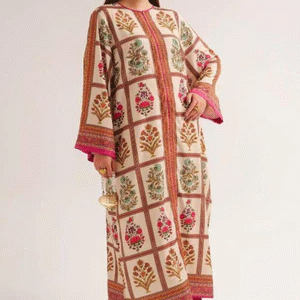 Cream & Rust Ethnic Printed Long Open Jacket – Festive Heritage Style